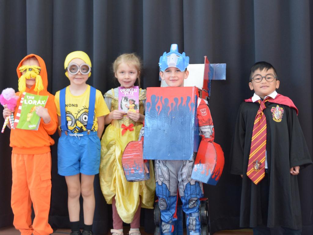 Sacred Heart Primary School students have dressed up for book week (from left) Violet Osbourne, Spencer Strugnell, Isabelle Pickering, Eli Willett, and Earn Perez. Picture: Isabella Pesch