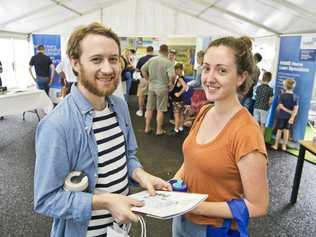 First home buyers Steven Dalamaras and Rebekah Atkinson look for advice at the Toowoomba House and Land Expo in the Harvey Norman Centre carpark, Saturday, February 8, 2020. Picture: Kevin Farmer