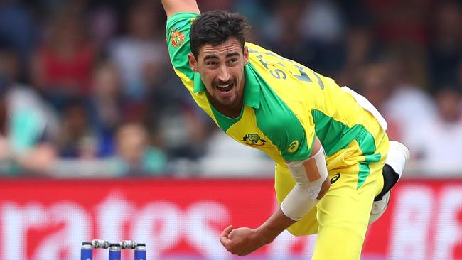 LONDON, ENGLAND - JUNE 25: Mitchell Starc of Australia bowls during the Group Stage match of the ICC Cricket World Cup 2019 between England and Australia at Lords on June 25, 2019 in London, England. (Photo by Michael Steele/Getty Images)