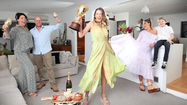 Louise, Brett, Charlie, Chloe and Jake are ready for an at-home spring racing carnival. Louise wears Viktoria &amp; Woods with MIMCO accessories, Chloe wears Steele with MIMCO accessories and Charlie wears Steele with Witchery accessories. Picture: Alex Coppel.