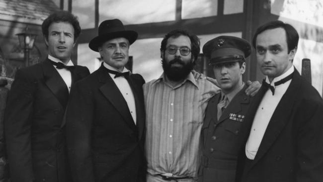 James Caan, Marlon Brando, Francis Ford Coppola, Al Pacino and John Cazale behind the scenes on The Godfather.