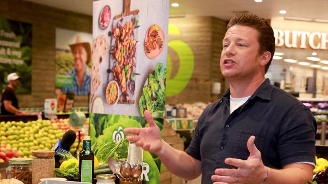 Celebrity chef Jamie Oliver chatting to the crowd at Woolworths in North Kellyville Square. Pictures: Angelo Velardo