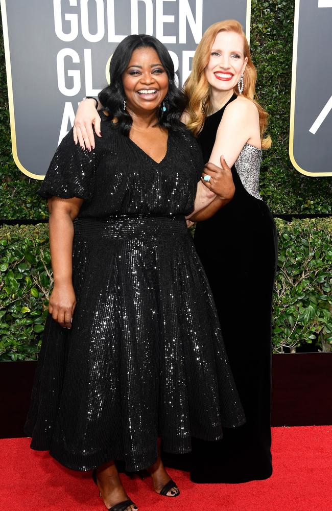 Octavia Spencer and Jessica Chastain attend The 75th Annual Golden Globe Awards at The Beverly Hilton Hotel on January 7, 2018 in Beverly Hills, California. Picture: Getty