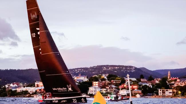 Celestial V70 crosses the finish line in the River Derwent Sydney to Hobart 2024.  Picture: CYCA/Salty Dingo