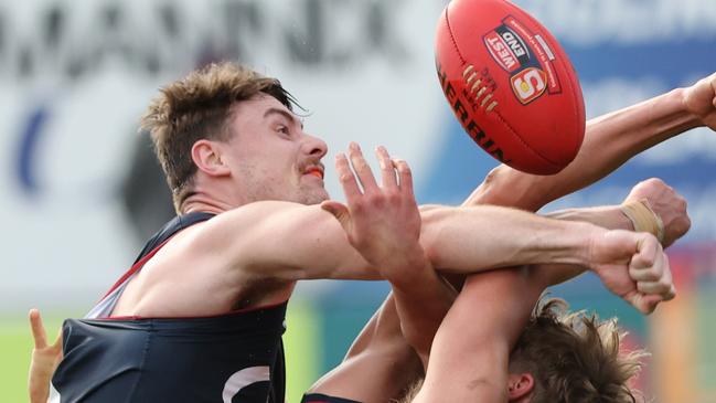 Harry Boyd from Norwood contests the ruck during the Round 14 SANFL match between Norwood and Adelaide at Norwood Oval in Adelaide, Saturday, July 13, 2024. (SANFL Image/David Mariuz)