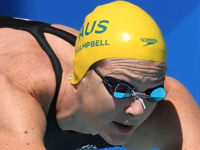 Australia's Cate Campbell competes during the swimming women's 100m freestyle qualifications during the 2018 Gold Coast Commonwealth Games at the Optus Aquatic Centre in the Gold Coast on April 8, 2018 / AFP PHOTO / FRANCOIS XAVIER MARIT