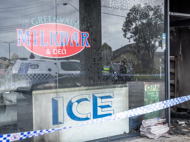 The suspected arson attack on the Greenvale Milkbar and Deli has become the 100th blaze linked to the illicit tobacco conflict. Picture: Jake Nowakowski