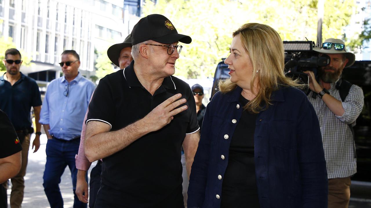 Prime Minister Anthony Albanese and Queensland Premier Annastacia Palaszczuk marched along tens of thousands of people through Brisbane on Monday. Picture: NCA NewsWire/Tertius Pickard