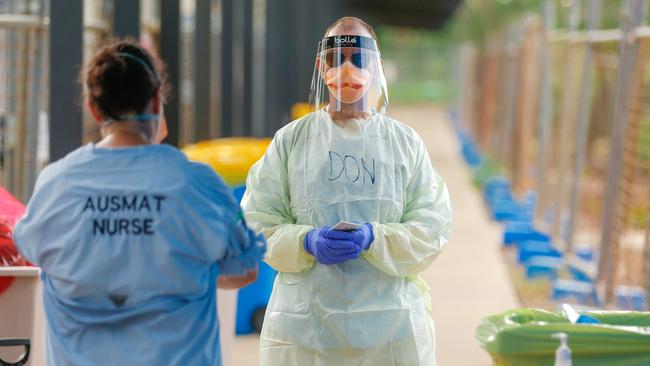 Health workers at Howard Springs. Picture: GLENN CAMPBELL via NCA NewsWire.