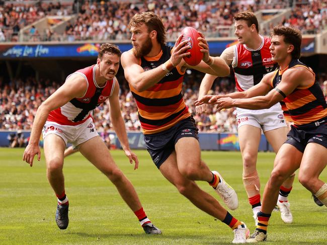 Riley Thilthorpe was dangerous for the Crows. Picture: James Elsby/AFL Photos via Getty Images.