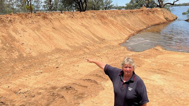 Cathy Hunter, 59, stands in front of the huge levee she funded to protect her property from rising floodwaters. Now she's calling on the government to help.