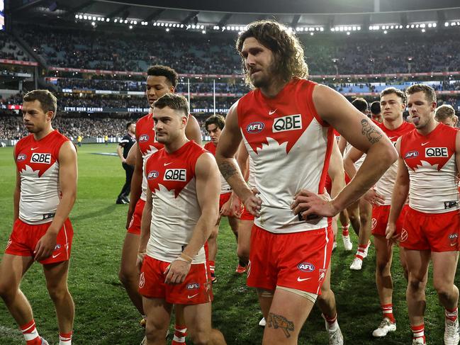 Retiring Swan Tom Hickey and team leave the field after narrow loss during the AFL Elimination Final between Carlton and the Sydney Swans at the MCG on September 8, 2023. Photo by Phil Hillyard(Image Supplied for Editorial Use only - **NO ON SALES** - Â©Phil Hillyard )