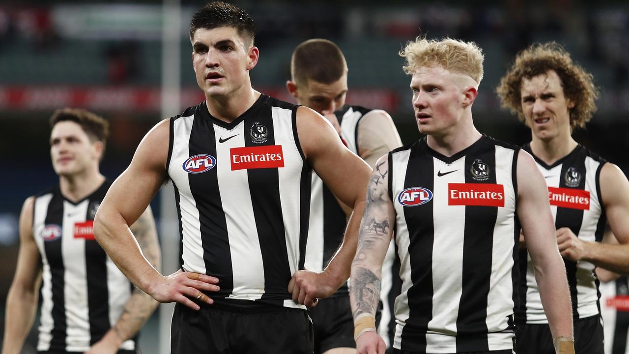 MELBOURNE, AUSTRALIA - JULY 04: Brayden Maynard of the Magpies looks dejected after a loss during the 2021 AFL Round 16 match between the Collingwood Magpies and the St Kilda Saints at the Melbourne Cricket Ground on July 4, 2021 in Melbourne, Australia. (Photo by Dylan Burns/AFL Photos via Getty Images)