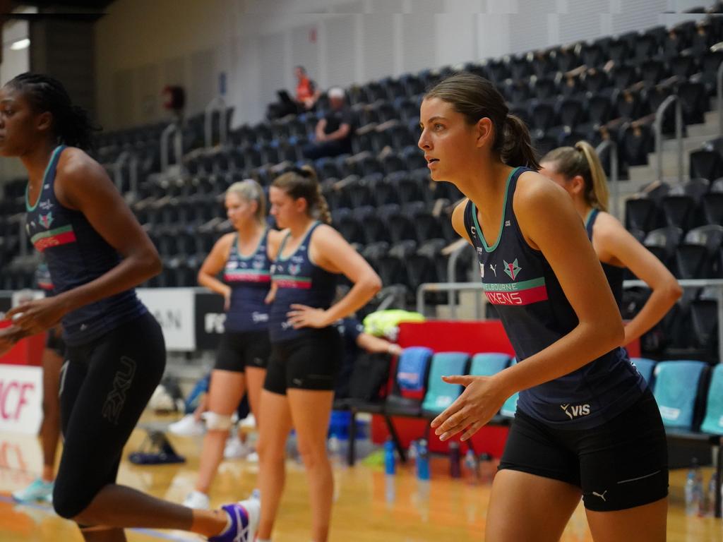 Gabby Coffey warming up with the Melbourne Vixens. Picture: Grant Treeby