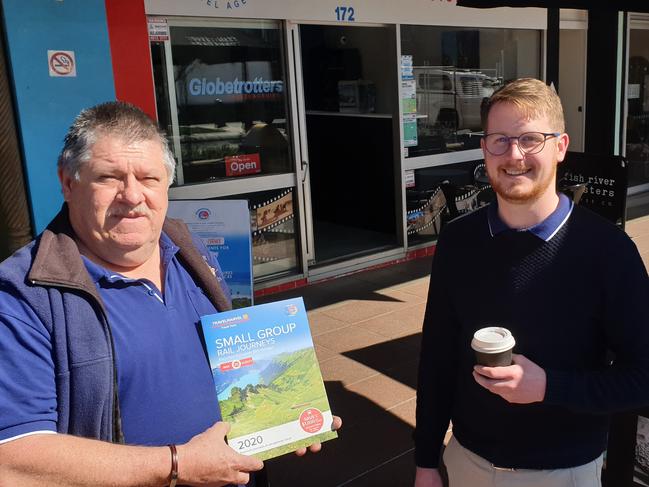 NOW OPEN: Ben Apsey (right) has opened Travel Mugs Coffee on Margaret St, as a sublease of his father Paul's agency Globetrotters Travel and Cruise Toowoomba.