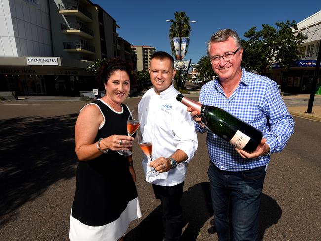 Cr Ann-Maree Greeney, Jam Corner chef and owner Matt Merrin and Cr Les Walker in Palmer Street. Picture: Evan Morgan