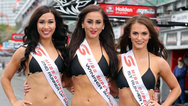 Miss Supercars Gold Coast winners in 2016 (from left) Rebecaa Martens, Charlotte Cushing (Gold Coast) and Saeran Tanton. Picture: Richard Gosling