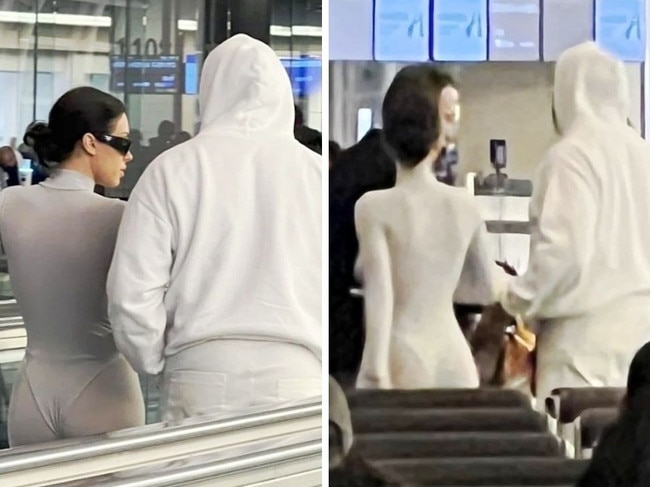 Bianc Censori rocks bizarre airport outfit.