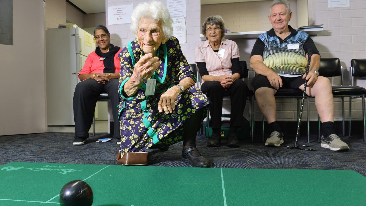 Ipswich supercentenarian Elizabeth 'Liz' Jordan, 1912-2022, played indoor bowls with her friends Radha Rao, Kathy Rouse and Allan Tait at the Ipswich Humanities Centre in 2018.