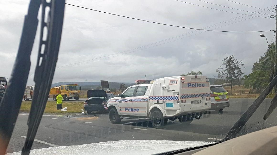 CRASH: Emergency services are currently at the scene of a two-vehicle crash on the Warrego Highway in the Lockyer Valley. Picture: Contributed