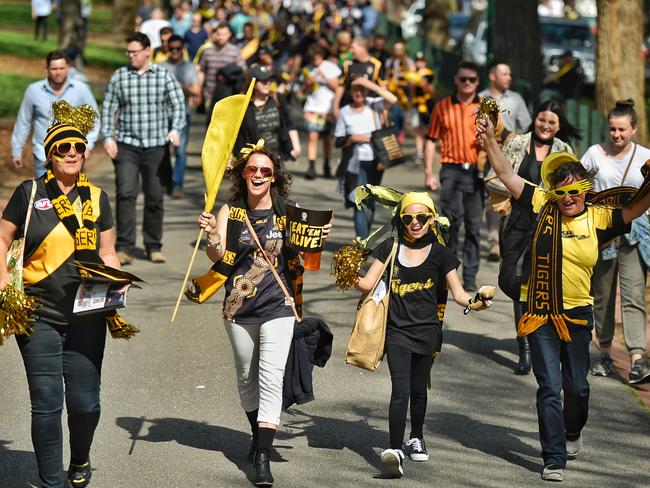 Tigers fans on the march. Picture: Jason Edwards