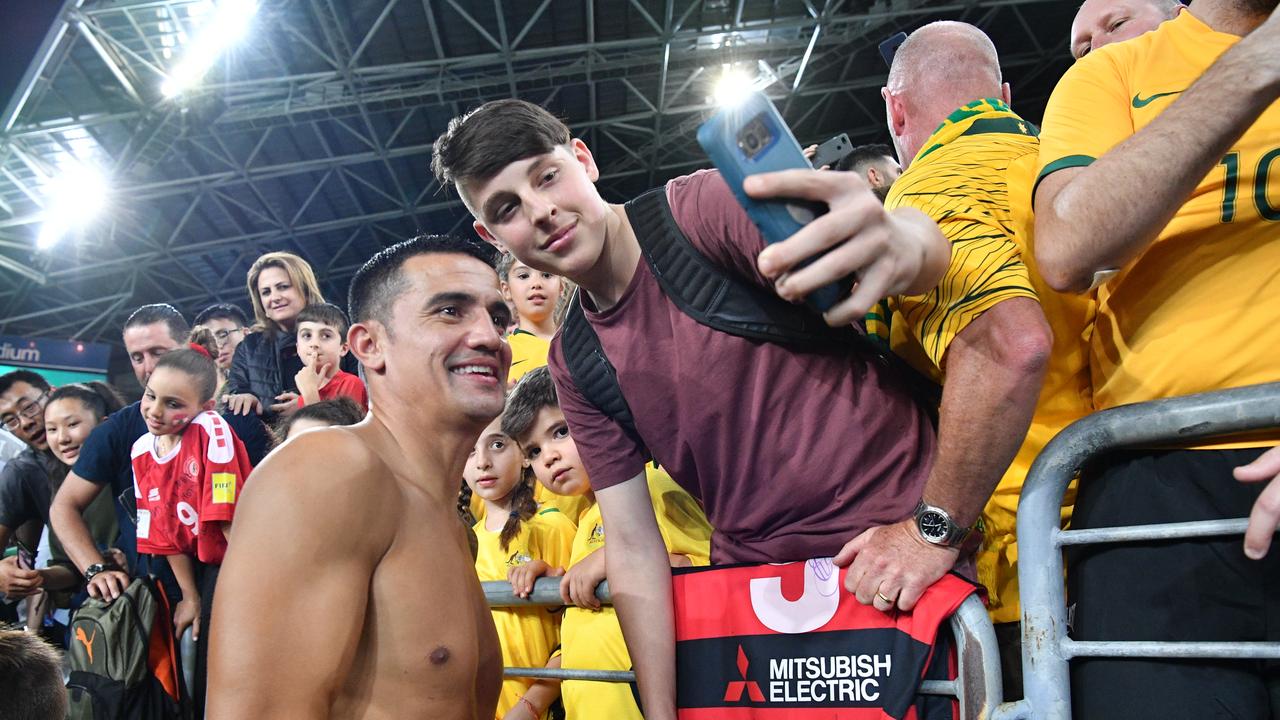 Tim Cahill spent hours signing autographs and taking selfies after his final Socceroos appearance at ANZ Stadium.