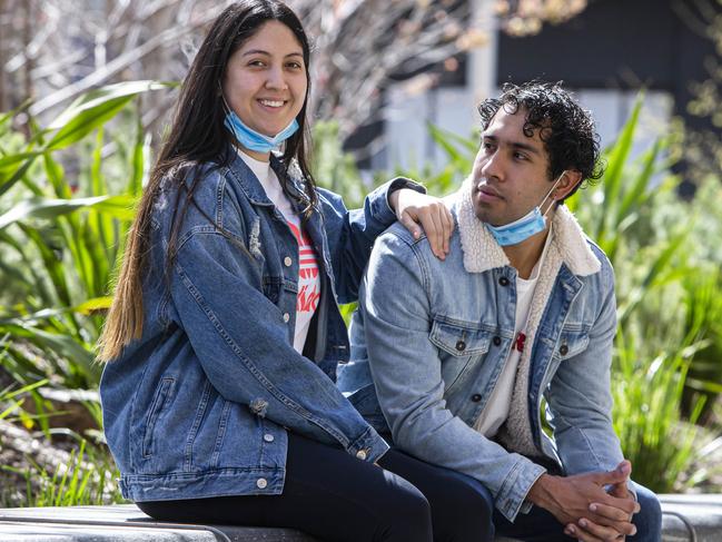 16/09/20 Luisa Arango with her boyfriend David Correa came to Australia from Columbia to study in 2018 but since the COVID-19 pandemic have lost their jobs in cleaning and construction and are now struggling to pay their tuition fees and rent. Aaron Francis/The Australian