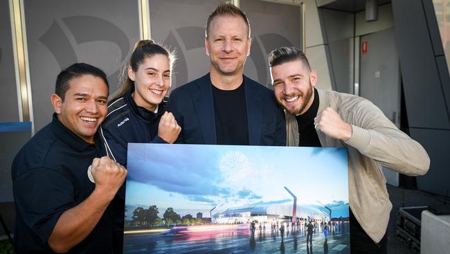 Former Socceroo Vince Grella with current local players Zak Shojaie, Natasha Dakic and Mal Suleman are happy with the design of the proposed Dandenong Stadium. Picture: Penny Stephens