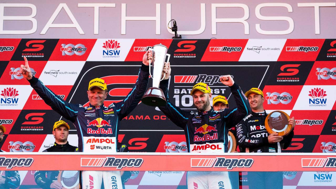 2022 Bathurst 1000 champions Shane van Gisbergen and Garth Tander on the podium. Picture: Daniel Kalisz