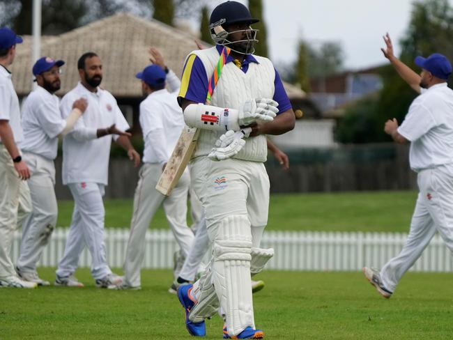 Rajitha Mendis walks off after being dismissed. Picture: Valeriu Campan