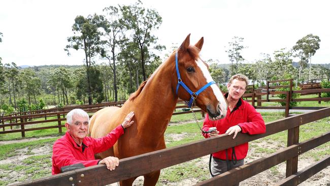 Willinga Park owner Terry Snow (left) with Olympian Brett Parbery at equine facility. Photo: John Feder/The Australian