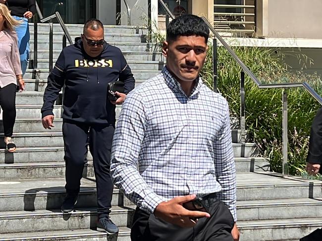 Dragons player Junior Amone leaving Wollongong Local Court. Picture: Dylan Arvela