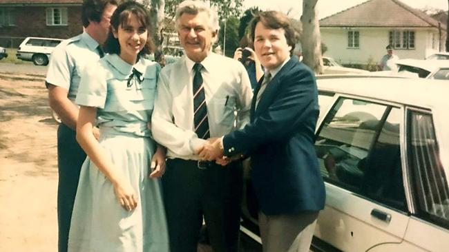 Annastacia Palaszczuk and Brendan Luxton, both in Year 10, with Bob Hawke in 1984.