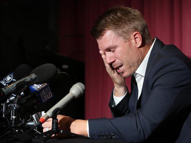 Australian cricketer David Warnerat a press conference held at Cricket NSW in Sydney following his return from the South African tests ball tampering saga. Picture: Richard Dobson