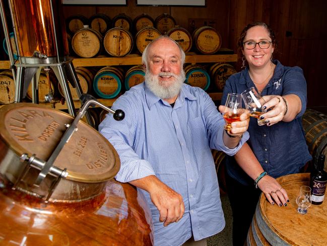 Founder of Lark Whisky Bill Lark and President of the Tasmanian Whisky and Spirit association Kristy Lark-Booth at Killara distillery in Richmond.Picture: Linda Higginson