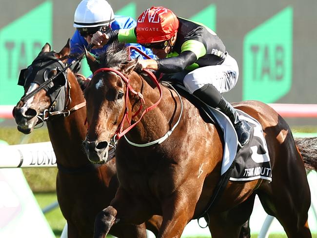 SYDNEY, AUSTRALIA - OCTOBER 14: Sam Clipperton riding Think About It  wins Race 7 The TAB Everest during Sydney Racing - TAB Everest Day at Royal Randwick Racecourse on October 14, 2023 in Sydney, Australia. (Photo by Jeremy Ng/Getty Images)