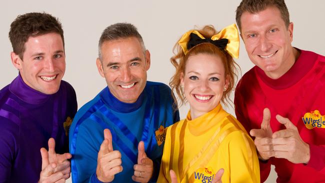 Flashback to 2012 … Original blue Wiggle Anthony Field with Lachlan Gillespie (purple), Emma Watkins (yellow) and Simon Pryce (red).