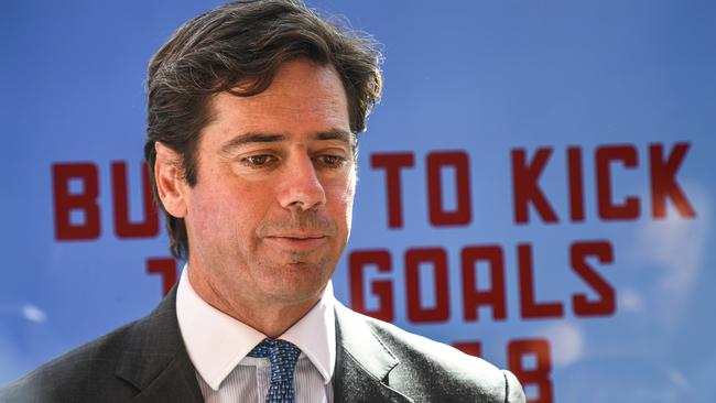 AFL CEO Gillon McLachlan is seen at the Sydney Opera House speaking to the media for the NSW celebration launch of the 2018 Toyota AFL Premiership Season, in Sydney, Wednesday, March 28, 2018. (AAP Image/Brendan Esposito) NO ARCHIVING