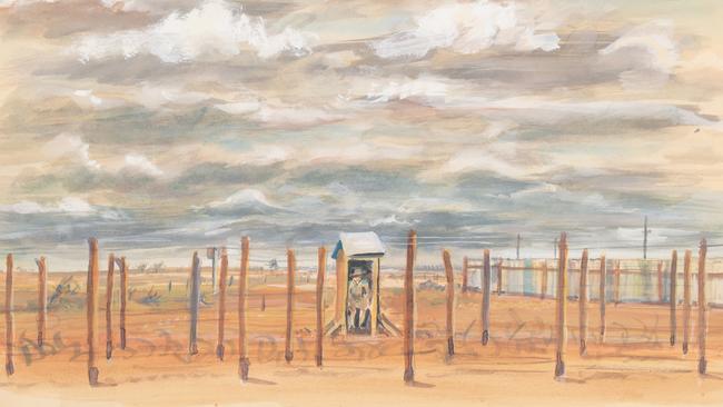 Camp fence with guard box at Hay, c 1940 by Georg Teltscher.