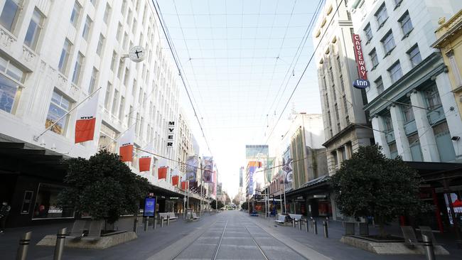 Bourke Street Mall in Melbourne which has remained incredibly quiet during the stage four lockdown. (Photo by Darrian Traynor/Getty Images)