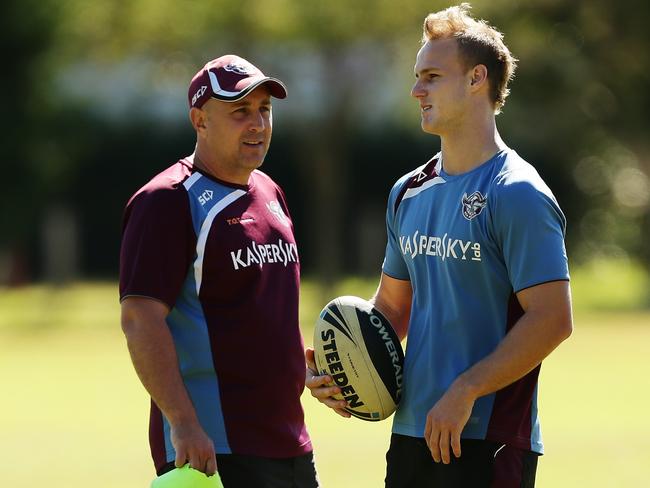 Penna with Daly Cherry-Evans at Manly training in 2013.