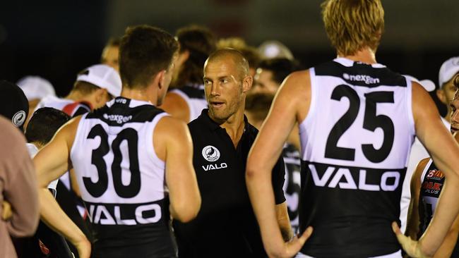 Scott Thompson working with Port Adelaide’s SANFL side this season. Picture: Naomi Jellicoe.