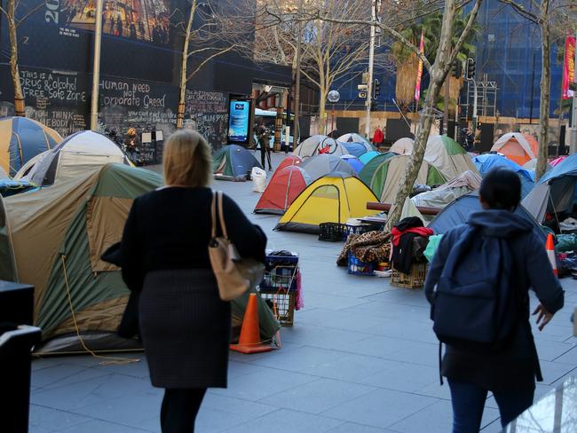 Going nowhere ... Tents still in place in Martin Place today. Picture: John Grainger
