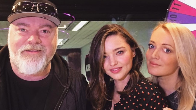 Kyle &amp; Jackie O, pictured with model Miranda Kerr, reclaimed top spot in the Sydney breakfast slot. Picture: Instagram