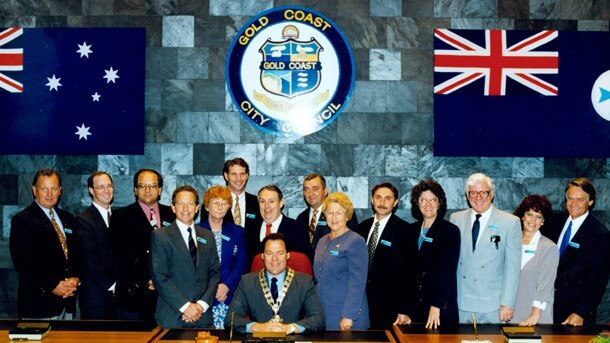 The 1995-1997 Gold Coast City Council under Mayor Ray Stevens. Also pictured are Lex Bell, Paul Gamin, Dawn Crichlow, Jan Grew, Daphne McDonald, David Power and Eddy Sarroff.