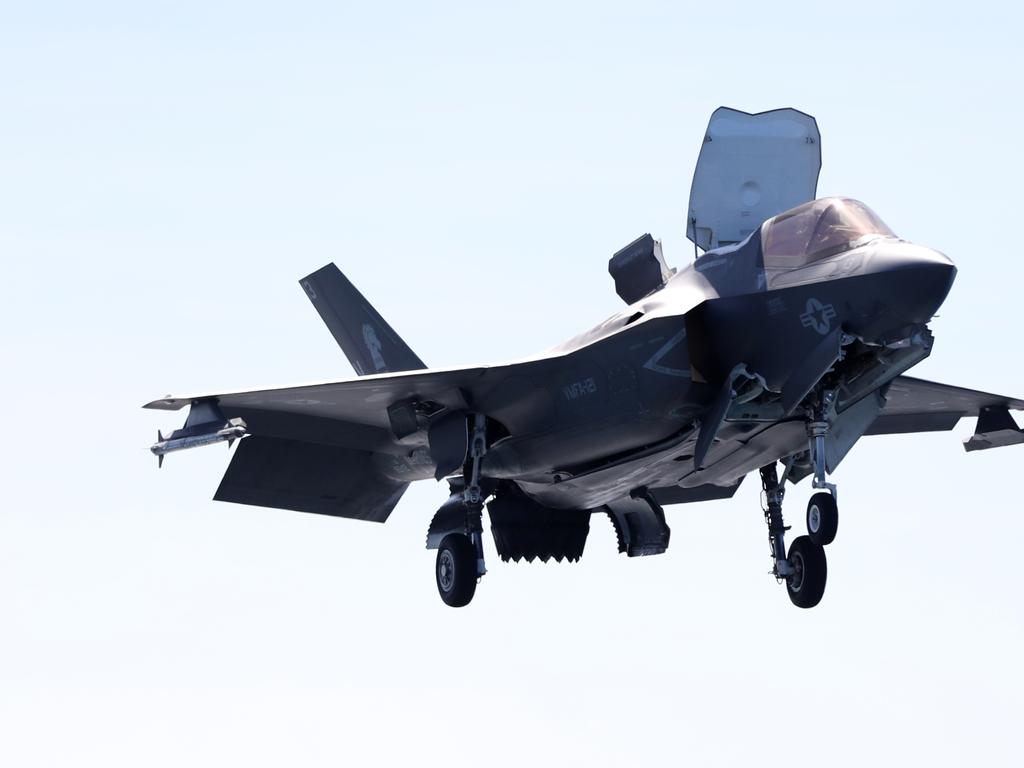 An F-35B landing on the Wasp. Photos on board the USS Wasp. Pic Peter Wallis