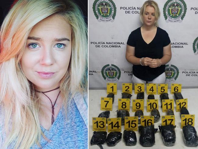 Cassie Sainsbury is shown in handcuffs after she was arrested at the international airport in Bogota, Colombia. According to police, an x-ray machine detected almost six kilograms of cocaine hidden in packages stashed in her luggage.