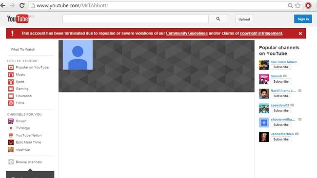 A screengrab of Tony Abbott's suspended YouTube account. Picture: reddit