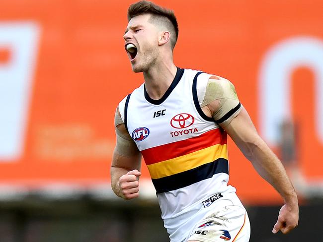 Bryce Gibbs of the Crows celebrates kicking a goal against the Lions. Picture: Getty Images