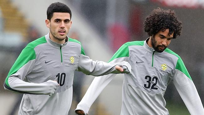 Tom Rogic (left) and Osama Malik train in Adelaide. Picture: Sarah Reed